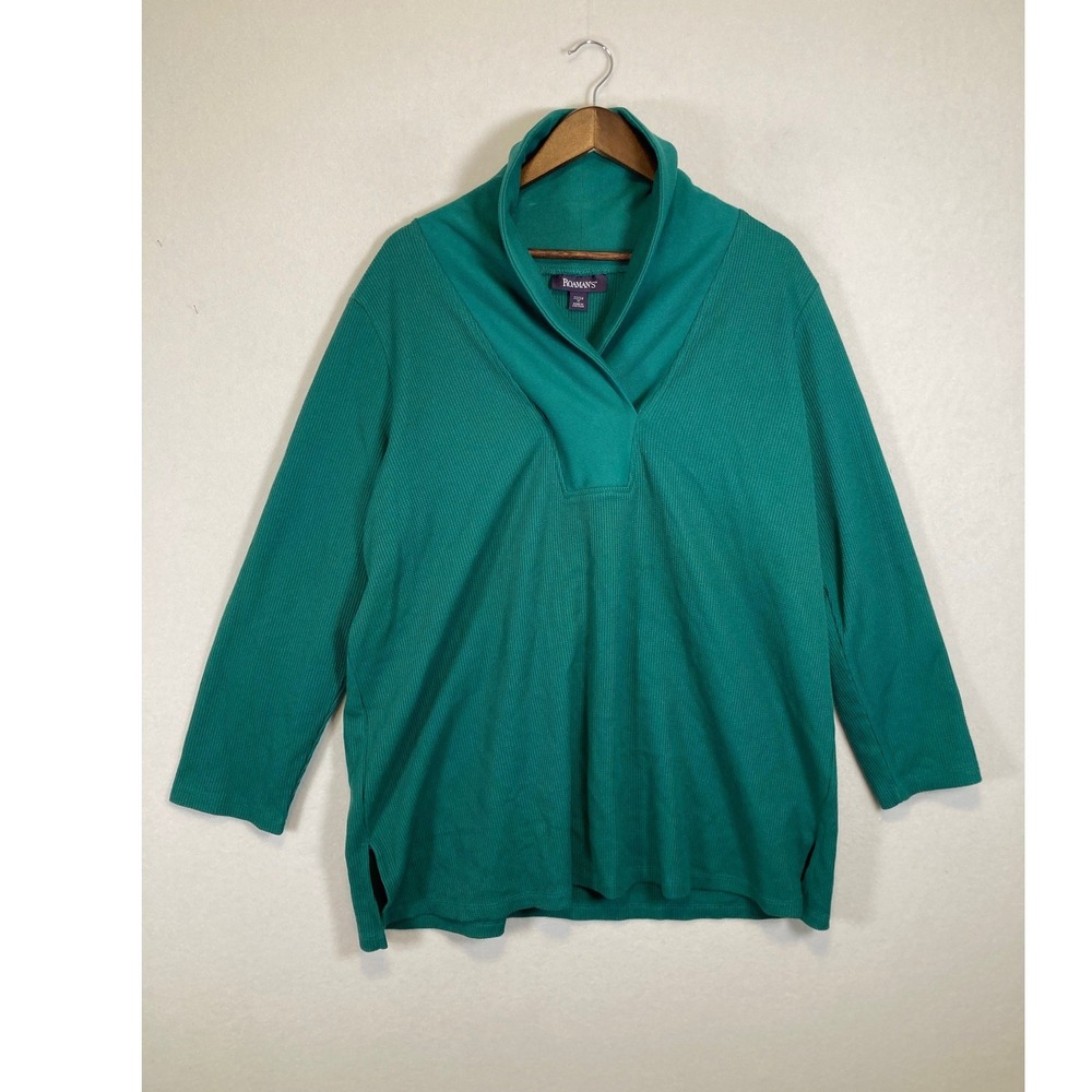 Casual Comfort Roaman's Womens 1X 22/24 Teal Green Ribbed Knit Shawl Neck Tunic